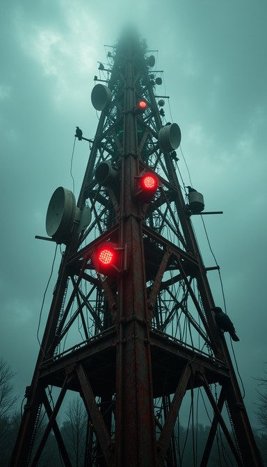 Zamglona wieża przekaźnikowa nocą